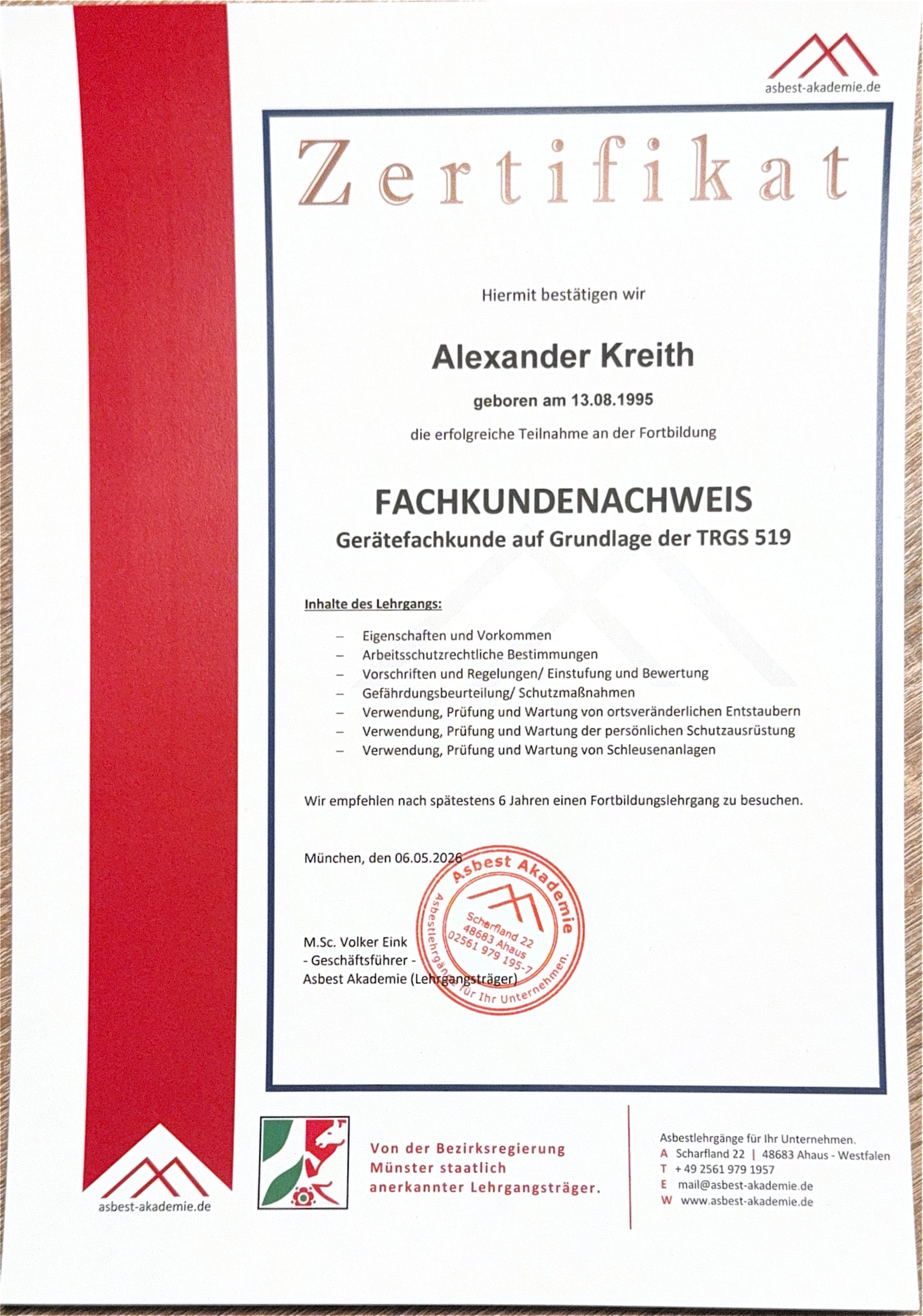 Zertifikat Gerätefachkunde TRGS 519