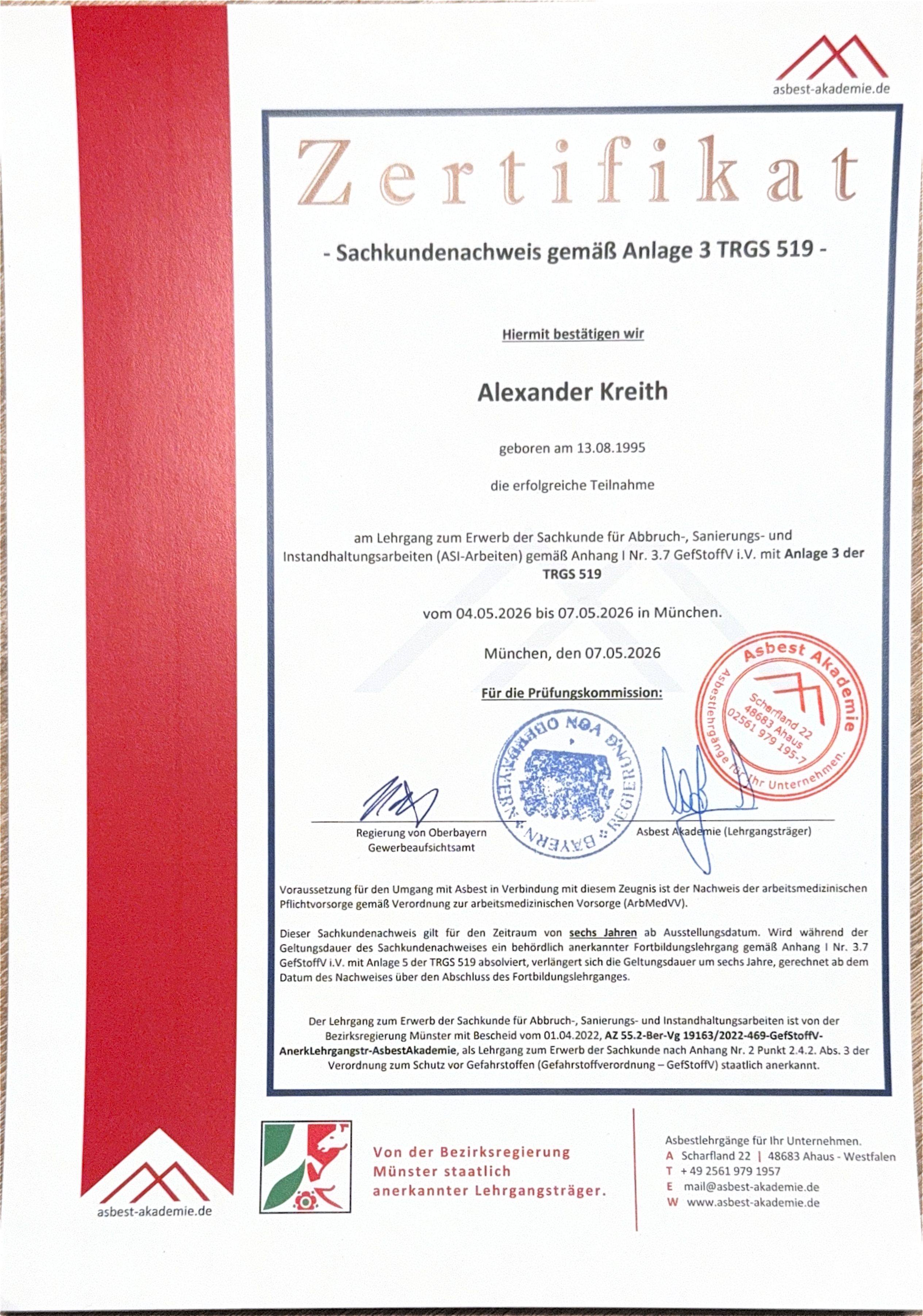 Zertifikat TRGS 519 Sachkundenachweis Asbest