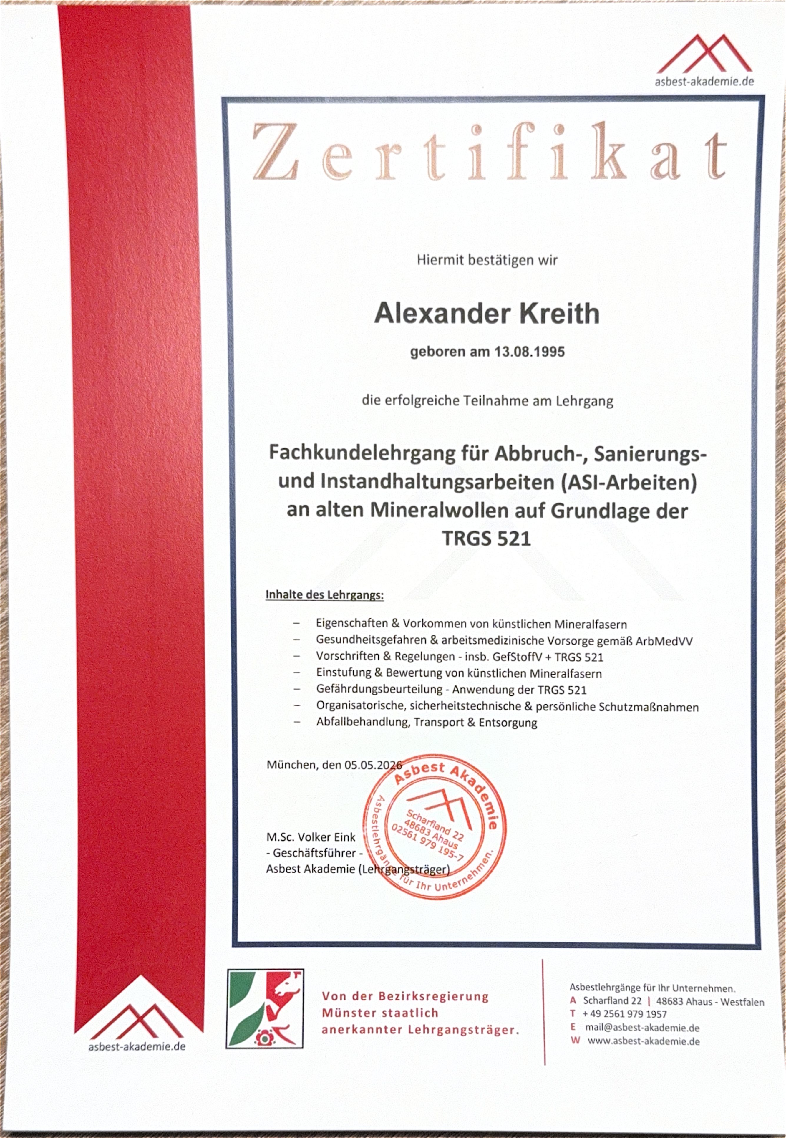 Zertifikat TRGS 521 Fachkunde Mineralfasern